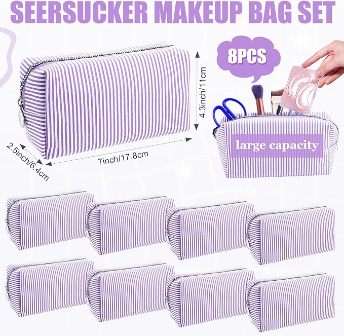 Giesiery 8 Pcs Seersucker Makeup Bags Striped Cosmetic Bags Bulk Organizer for Women Preppy Travel Toiletry Pouch for Wedding Bridesmaid Gifts (Purple, Medium) - Image 2