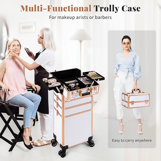 AROUS Rolling Makeup Train Case 4 in 1 Cosmetology Case on Wheels Large Storage Cosmetic Trolley with Key Salon Barber Case Traveling Cart Trunk,White - Image 7