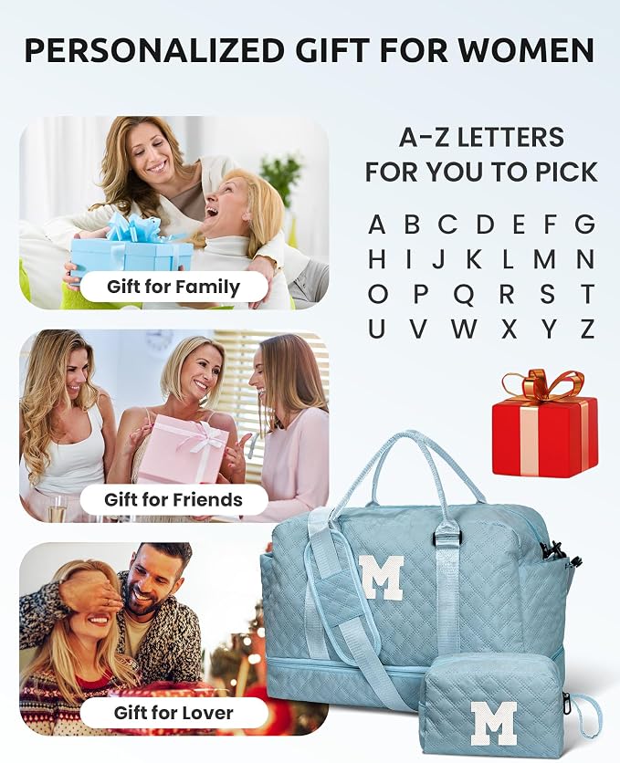 Gifts for Mom-Initial Duffle Bag with Shoe Compartment, Personalized Weekender Bag, Monogram Overnight Bag, Letter Travel Bag with Makeup Bag，Personalized Gifts Idea for Women Her (Letter F) - Image 2