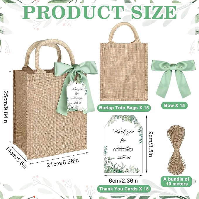 15Pack Burlap Tote Bag Set Reusable Blank Bridesmaid Gift Bags Jute Burlap Grocery Bag with Thank You Gift Tags Chiffon Silk Ribbons for Wedding DIY Invitations Parties and Baby Showers - Image 2