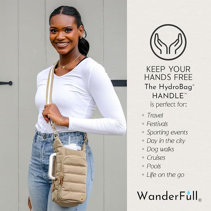 WanderFull Original HydroBag Handle®, Zipper for Handle, 40 oz Water Bottle Holder w/Strap, Crossbody Carrier Bag w/Phone Pocket - Khaki - Image 2
