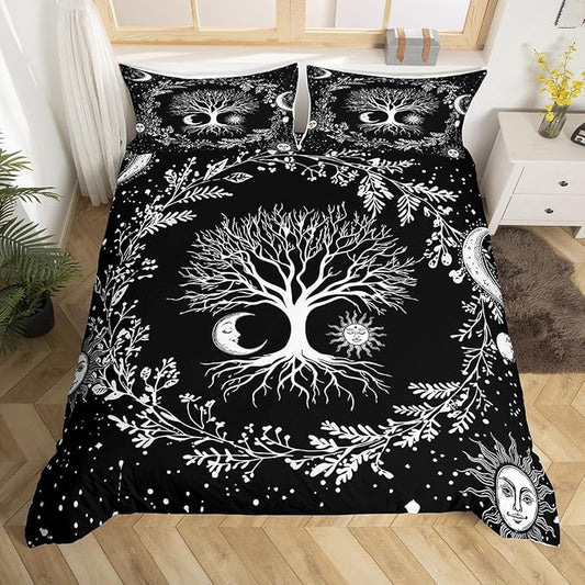 Erosebridal Tree of Life Bedding Set Sun and Moon Comforter Cover King Kids Teens Bedroom Decor Black and White 3 Pcs Duvet Cover Gothic Bohemian Flower Bedding Galaxy Stars Constellations Bedspread by Erosebridal