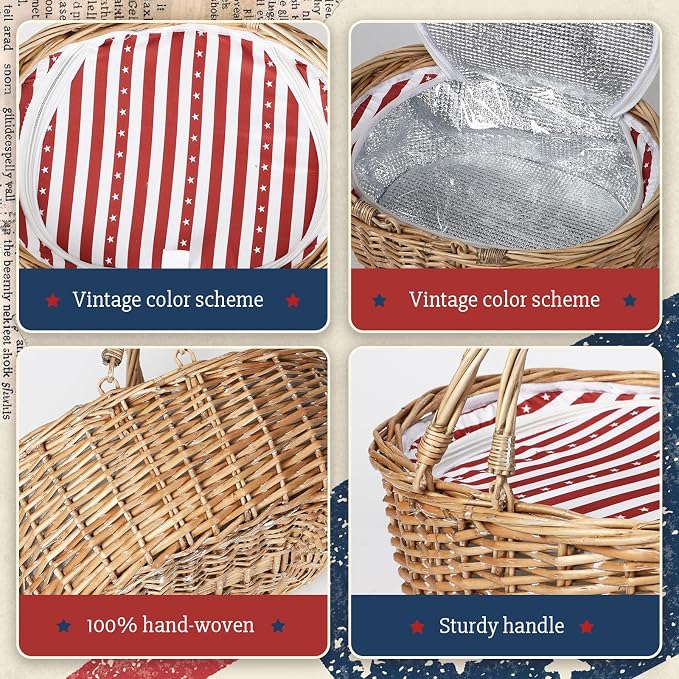 Wicker Picnic Basket with Insulated Lined Bag 15“ x 11” x 7“ Red, White Star Stripe Pattern, Iced Beer Insulated Bag for Camping, Picnics, Birthday Gifts, Wedding Gifts - Image 7