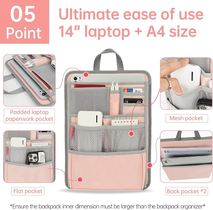 Stiff Backpack Insert Organizer for Men Women Bag In Bag,Water-repellent Nylon 13.7''x10.2''x2''-Pink - Image 6