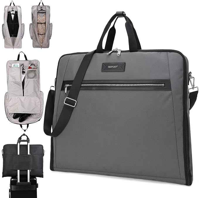 BESMART Garment Bags for Travel, 51" Large Suit Bag for Business Trips | Waterproof,Hangs 3 Suits,Foldable,Wrinkle Free Spacious Luggage Suit Cover,Adjustable Strap,Carry On Flight Approved,Grey by BESMART--Establishedin1992
