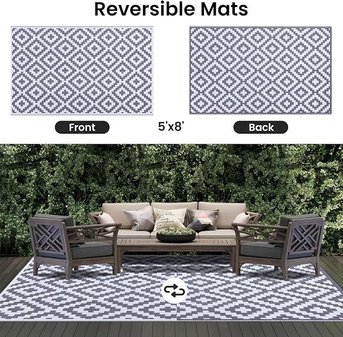 Smiry Waterproof Outdoor Rug 5x8 ft, Reversible Plastic Straw Patio Camping Rugs, Outdoor Indoor RV Mat Carpet for Patio, Outside Entry, Backyard, Deck, Bench, Picnic, Camper, White & Grey - Image 3