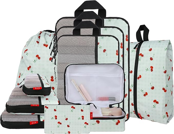 U+U 10 Set Compression Packing Cubes - Ultralight Travel Organizers with Laundry Bag and Cosmetic Bag, Space-Saving Suitcase Organizer for Travel, Business Trip and Family Vacation (Sage Green Cherry) by UU