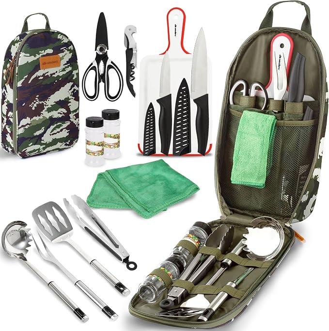 Wealers Camp Kitchen Cooking Utensil Set Travel Organizer Grill Accessories Portable Compact Gear for Backpacking BBQ Camping Hiking Travel Cookware Kit Water Resistant Case by Wealers