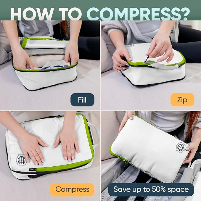 Large Compression Packing Cubes for Travel-Packing Cube Luggage Organizers 7 Piece Set for Checked Luggage-Ultralight, Expandable/Compression Bags by TRIPPED Travel Gear (White/Green) - Image 7