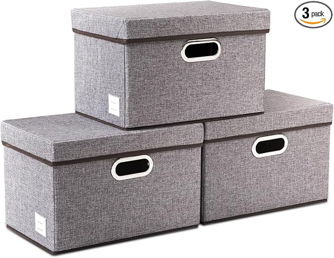 PRANDOM Foldable Storage Boxes with Lids [3-Pack] Linen Fabric Collapsible Storage Bins Organizer Containers Baskets Cube with Cover for Home Bedroom Closet Office Nursery (14.9x9.8x9.8) by Prandom