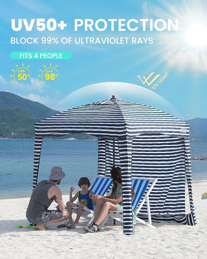 Qipi Beach Cabanas for Sand, Beach Canopy with Sandbags & Side Wall for Family, Easy Set Up Sun Shelter, UPF 50+ UV Protection with Roof Vent - Image 3