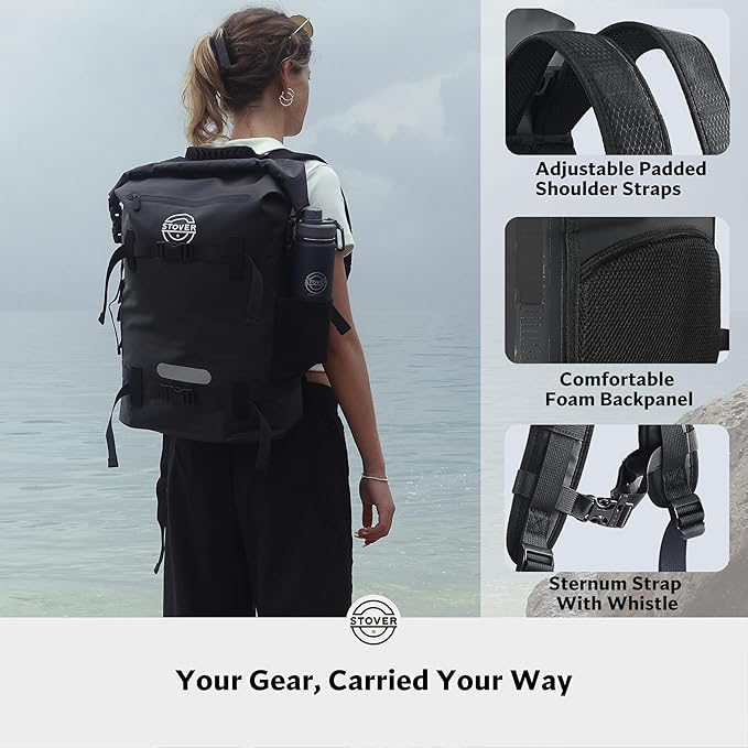 STOVER 30/40/55L Waterproof Dry Backpack & Phone Case- X-Large Floating Dry Bag for Kayaking, Travel, Hiking, Fishing, Camping, Motorcycles & Beach, Heavy-Duty Roll Top Men/Women (Black) - Image 5