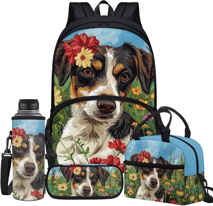 Floral Dog Print School Bags Set Backpack for Boys with Insulated Lunch Bag Cooler Water Bottle Sleeve Pencil Pen Case 4 Pieces for Youth by Glomenade