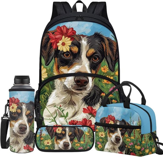 Floral Dog Print School Bags Set Backpack for Boys with Insulated Lunch Bag Cooler Water Bottle Sleeve Pencil Pen Case 4 Pieces for Youth by Glomenade