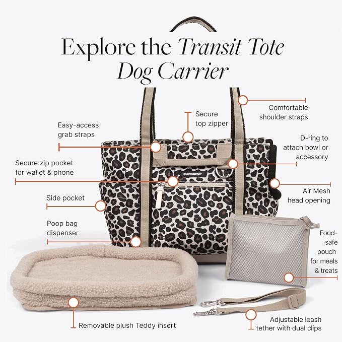 Cleverpup Transit Tote Dog Carrier for Small Dogs Under 8 lbs, 16x11x8 Soft-Sided 4-Pc Set with Waterproof Base, Plush Insert, Food Pouch, Mesh Head Opening - Small, Leopard - Image 4