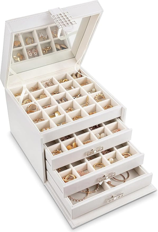 Glenor Co Earring Organizer Holder - 75 Small & 4 Large Slots Classic Jewelry Box with Drawer & Modern Closure, Mirror, 4 Trays Earrings, Ring or Chain Storage - PU Leather Case - White by GlenorCo