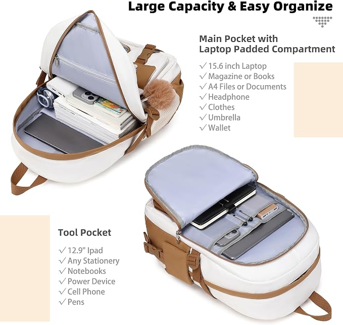 LXYGD Laptop Backpacks 16 Inch School Bag College Backpack 3 PCS with Lunch Box Pencil Pouch Set Large Travel Daypack Kawaii Bookbags for Teens Girls Women Students (Beige Khaki) - Image 2