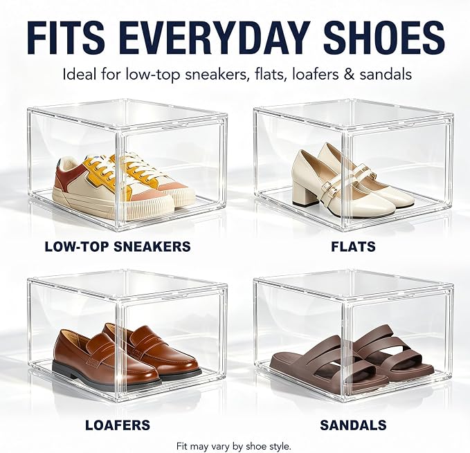 12 Pack Clear Acrylic Shoe Boxes Fit Size 12, Front Door for Small Closets | 10.2 x 13.4 x 7.5 in stackable shoe display case for apartments, dorms, entryways and compact closets. Fits up to US size 12 - Image 4