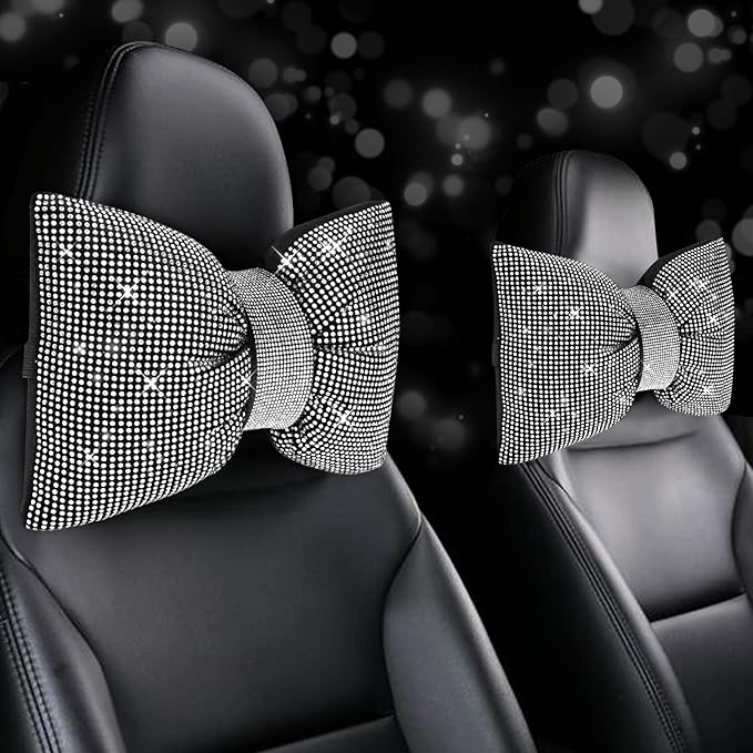 4 PCS Bling Car Pillows,Rhinestones Bowknot Car Headrest Pillow,White | Car Neck Pillow for Driver Relax Neck Support,Sleeping Travel Support Neck Pillow,Diamond Interior Accessories for Women by ChuLian