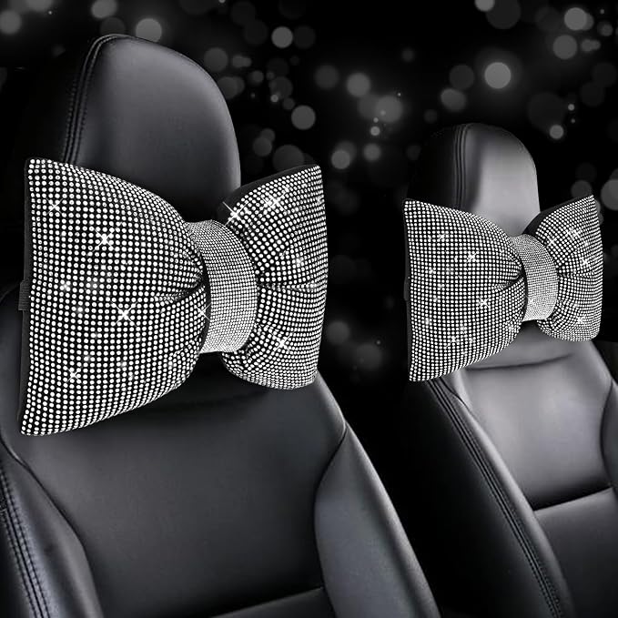 4 PCS Bling Car Pillows,Rhinestones Bowknot Car Headrest Pillow,White | Car Neck Pillow for Driver Relax Neck Support,Sleeping Travel Support Neck Pillow,Diamond Interior Accessories for Women by ChuLian
