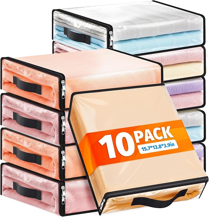 SpaceWhisper 10 Pack Clear Storage Bags, Plastic Blanket Storage Bags with Zipper and Handle, Moving Bags for Comforter, Bedding & Clothes, Closet Organizer and Under Bed Storage (15.7x13.8x3.9 Inch) by Unknown