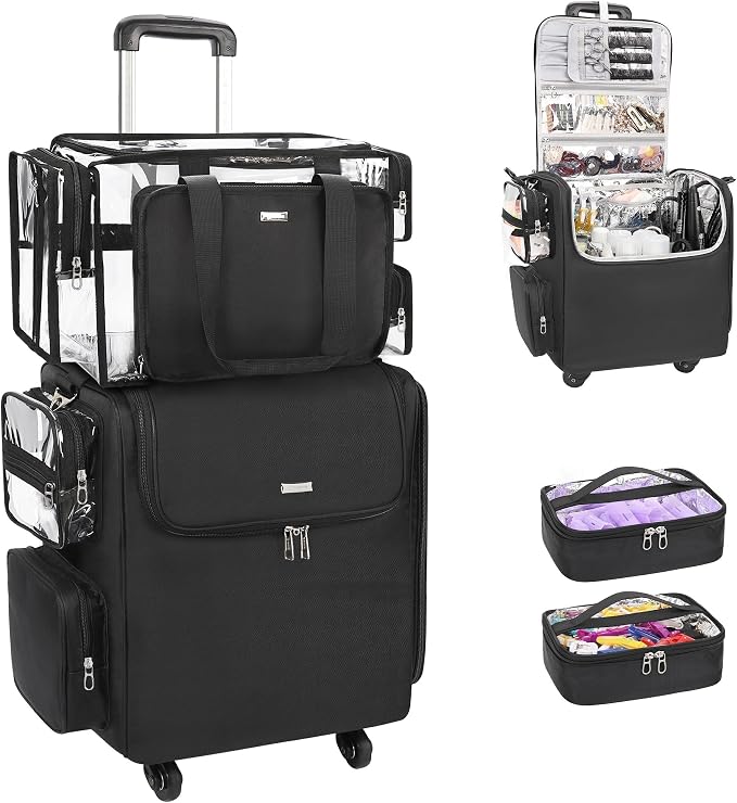 Relavel Rolling Makeup Train Case with Large Clear Makeup Bag, Hairstylist Traveling Bag with 4 Wheels, Cosmetic Storage Organizer Hair Stylist Travelling Bag with Adjustable Dividers & Shoulder Strap by Relavel