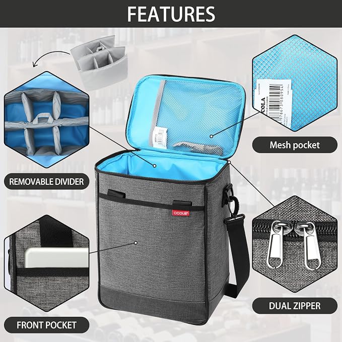 Wine Cooler Bag, Leakproof Insulated Wine Carrier Tote | Fits 2, 3 or 6 bottles with removable divider, shoulder strap, BYOB travel tote for champagne, liquor, picnic and gifts - Image 4