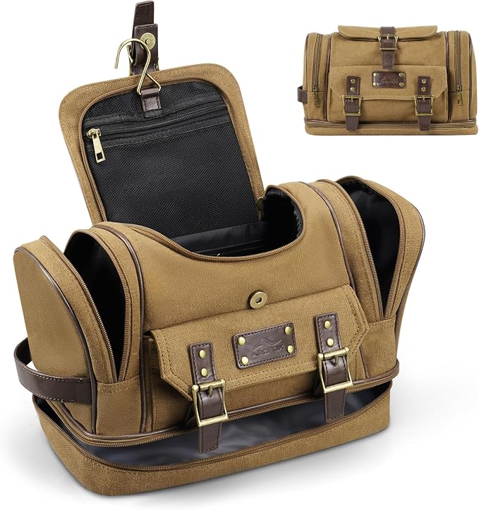ARCFOX Travel Hanging Toiletry Bag for Men, Vintage Canvas Large Toiletry Bag with 7 Compartments, Camping Gym Travel Toiletry Kit Organizer with PVC Wet & Dry Pockets, Personalized Wash Bag, Brown by ARCFOX