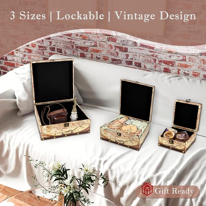 Jolitac Wooden Storage Box Set of 3, Antique-Looking Storage Containers with Secret Compartments Vintage Nesting Keepsake Chests for Jewelry, Cash, Photos Travel-Friendly & Stackable (Map) - Image 5