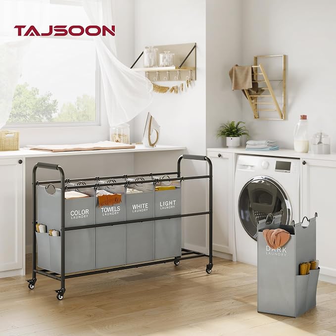 Tajsoon Laundry Sorter, 5 Section Laundry Hamper, Laundry Cart, Grey | 65 Gal Laundry Basket Organizer with Heavy Duty Lockable Wheels and Metal Handle, Large Clothes Hamper for Bathroom, Bedroom - Image 2