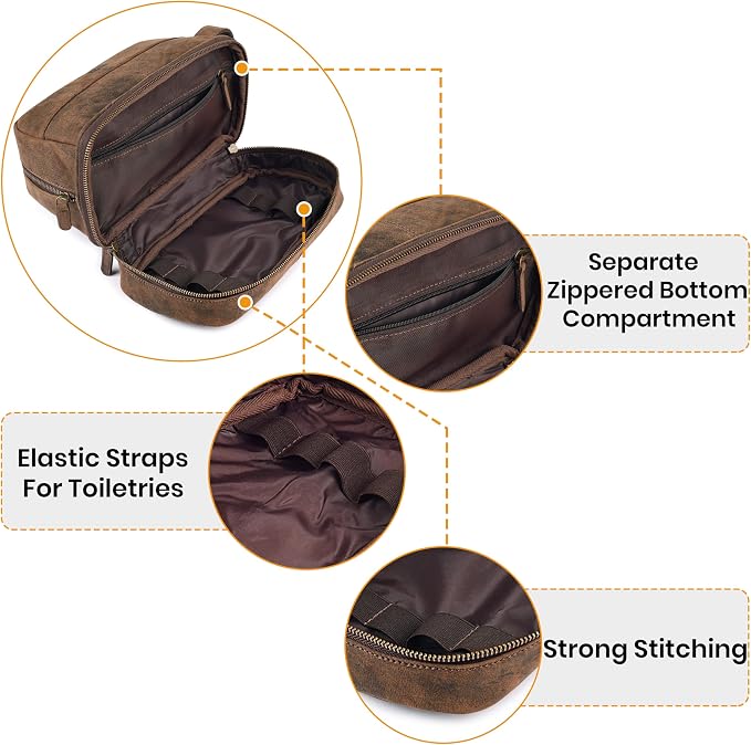 LEATHER VILLAGE Genuine Leather Dopp Kit - Travel Bag with Waterproof Lining, Large Capacity Toiletry Bag, Dual-Zip Design for Men & Women, Shaving & Bathroom Essentials Organizer-Rustic Brown - Image 4