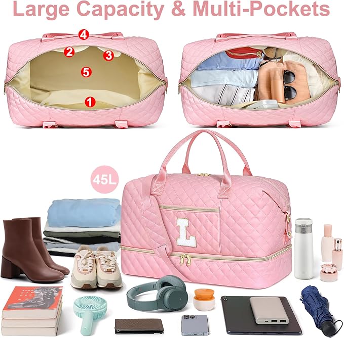Graduation Birthday Gift for Her, Personalized Initial Weekender Bag for Women 45L Travel Duffle Carry On Quilted, 3PCS Overnight with Cosmetic & Toiletry Bag, Shoe Compartment, Gym Dance Bag for Girl - Image 3