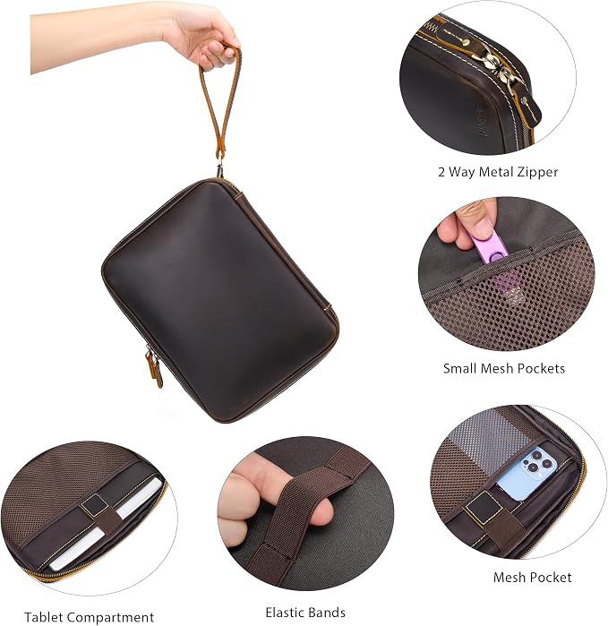 LANNSYNE Full Grain Leather Electronic Organizer Accessory Travel Tech Pouch, Cable Accessories Bag, Storage Carry Case for Charger, Phone, Power Bank, Cables - Image 7