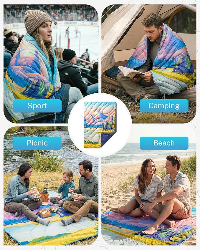 Gonex Camping Blanket with Aero-Warmth Breathable Layer - Puffy Printed Packable Blanket, Ultralight Wearable Water-Resistant Quilt, 79" X 55" for Camping, Beach, Hiking, Travel, Picnics (Landscape) - Image 6