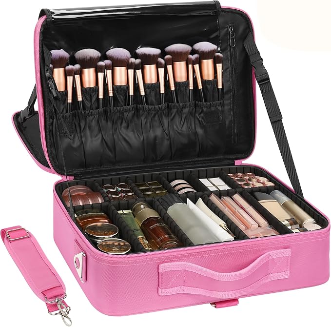 Relavel Makeup Case Large Makeup Bag Professional Train Case Travel Cosmetic Organizer Brush Holder Waterproof Makeup Artist Storage Box, 3 Layer Large Capacity, with Adjustable Strap, Rose Pink by Relavel