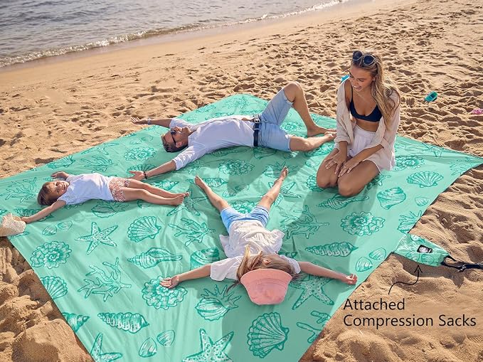 WEKAPO Beach Blanket Waterproof Sandproof Oversized, Extra Large Beach Mat Sand Free, Lightweight & Compact Sand Free Mat with 5 Stakes & 4 Corner Pockets - Image 3