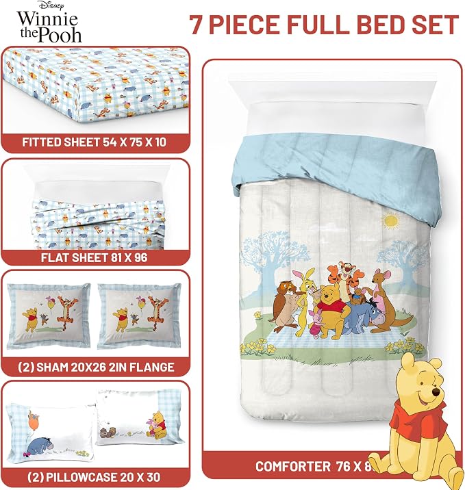 Disney Winnie The Pooh Full Comforter Set 7 Piece Kids Bedding, White | Piglet Tigger, Bed in a Bag, Comforter Sheets Shams Pillowcases, Official Brand, Soft Microfiber, Machine Washable, Kids Gift - Image 3