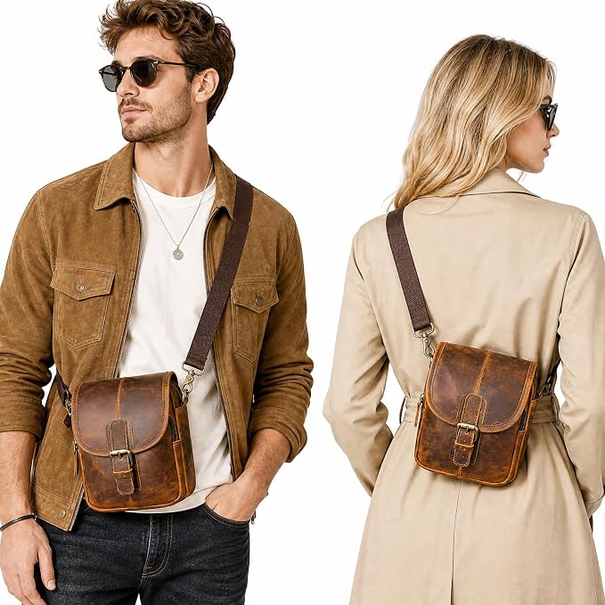 Water Resistant Canvas + Leather Hiking Riding Travel Fanny Waist Pack Small Phone Pouch For Men Women FB811-29 (100% Leather- Coffee) - Image 2