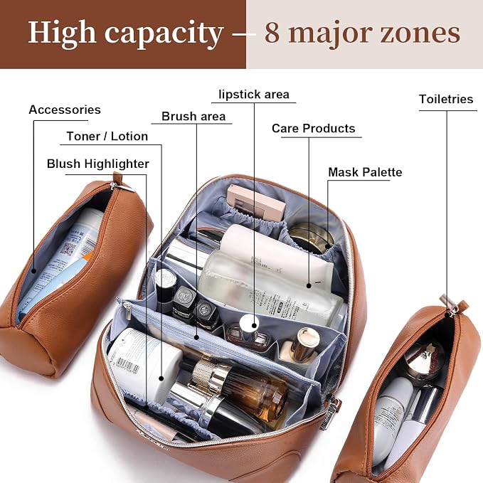 BOYATU Travel Makeup Bag Cosmetic Bags for Women: 3 Pcs Set Large Capacity Make up Bag with Handle - Waterproof Vegan Leather Toiletry Bags Travel Essentials with Compartments(C-1-Brown) - Image 5