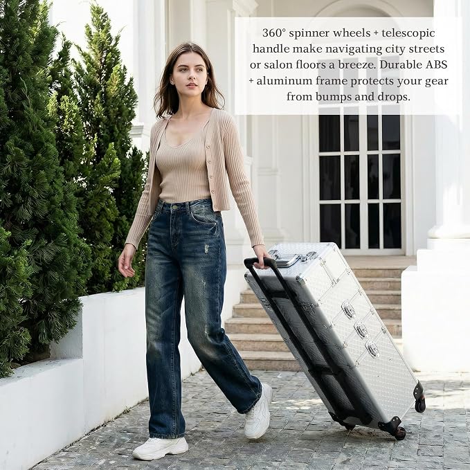 4 in 1 Makeup Train Case - Professional Cosmetology Case on Wheels, Large Transformable Makeup Train Case & Barber Case, Portable rolling makeup case & Makeup Cart, Silver - Image 8