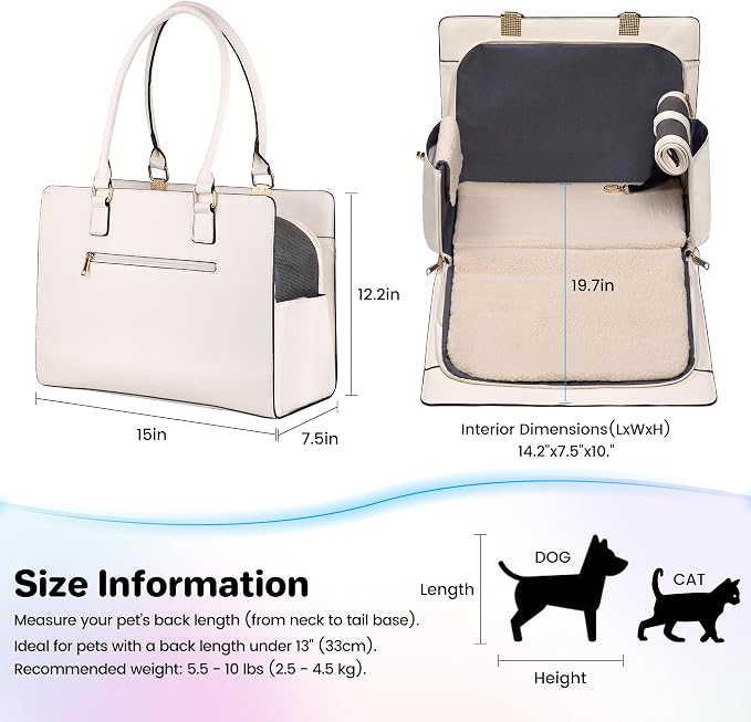 Dog Purse Carrier for Small Dogs, Stylish Foldable Pet Carrier Purse Tote Bag with Washable Cushion & Safety Leash, Airline Approved Puppy Travel Bag with Pockets (White) - Image 2