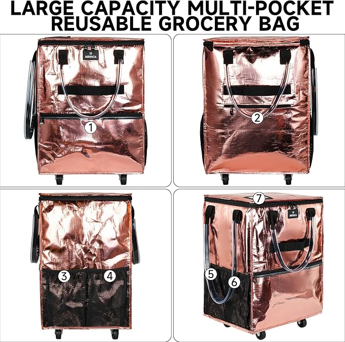 Large Reusable Grocery Bag On 5 Wheels, 130L Foldable Rolling Tote Bag, Heavy Duty Shopping Cart with Multiple Pockets, Rolling Grocery Bag, Zipper Closure & Handles for Shopping Travel, Rose Gold - Image 5