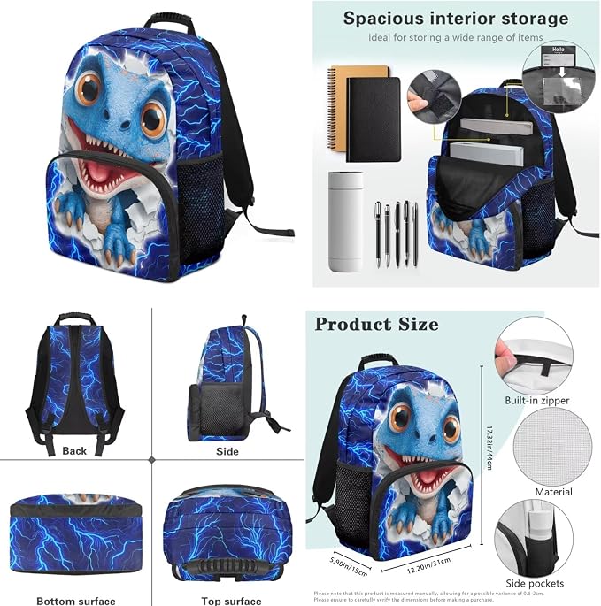 Big Eye Dinosaur Backpack for Kids Boys Backpack with Lunch Box Water Bottle Pouch and Big Pencil Case Pouch 4PCS Set Bookbag with Compartments 17 inch Study School Bag Kids Gifts - Image 7