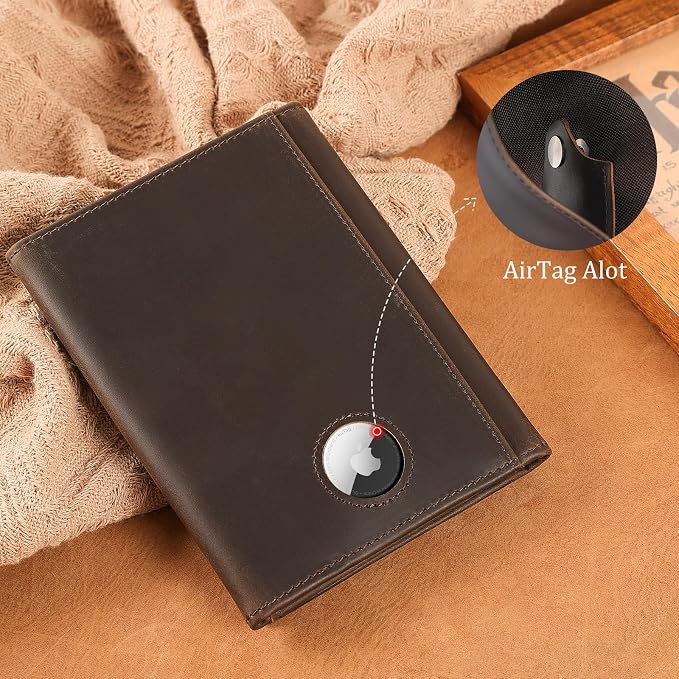 Polare Full Grain Leather Pilot Wallet Passport Holder RFID Blocking Tri-fold Travel Cover Document Organizer for Aviation Professionals (Dark Brown with AirTag Slot) - Image 3