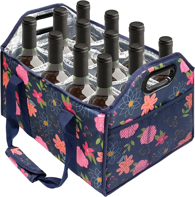 12 Bottle Wine Carrier Collapsible Bottle Caddy with Handles Storage Box for Travel Picnics Weddings Shopping Wine Tasting (Blue Floral) by JLDTOP