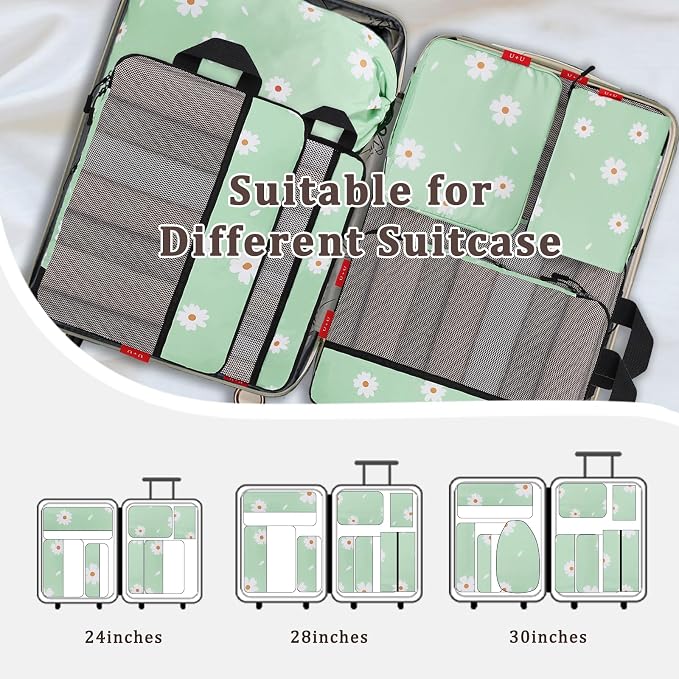 U+U 10 Set Compression Packing Cubes - Ultralight Travel Organizers with Laundry Bag and Cosmetic Bag, Space-Saving Suitcase Organizer for Travel, Business Trip and Family Vacation (Daisy) - Image 6