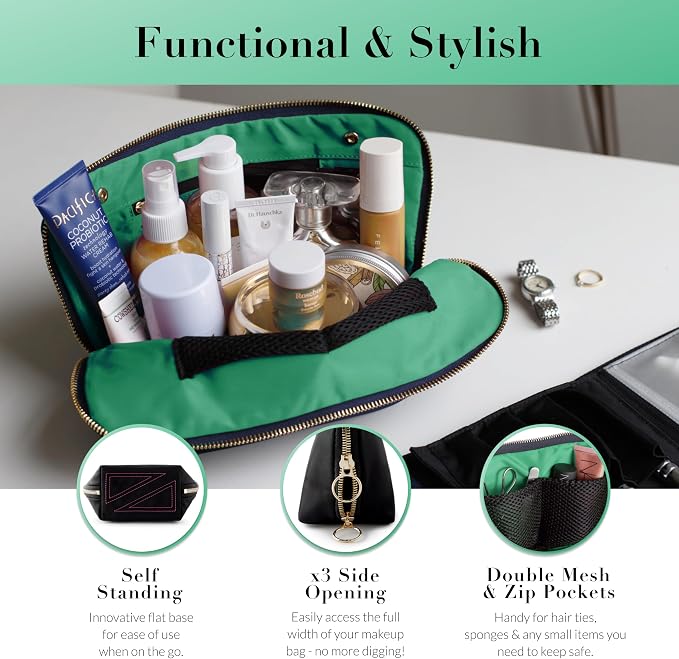 KUSSHI Washable Travel Makeup & Cosmetic Bag - Brush Organizer Sold Separately (Signature, Navy/Mint) - Image 3