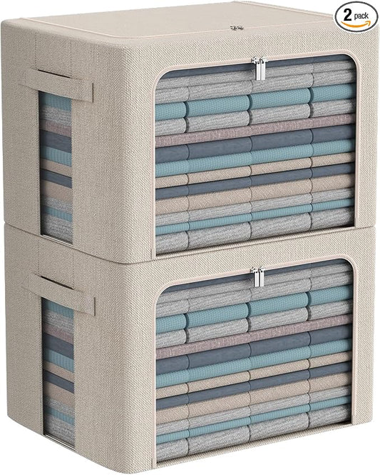 CYhom Extra Large Clothes Storage Bins - Linen Fabric Foldable Stackable Container Organizer Set with Clear Window & Carry Handles & Metal Frame - 2Pack Large Capacity for Bedding, Blankets, Books by CYhom