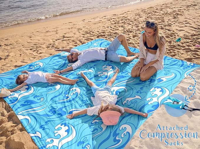 WEKAPO Beach Blanket Waterproof Sandproof Oversized Extra Large Sand Free Beach Mat with Stakes, Storage Bag - Essentials for Outdoor Beach, Picnic (Blue Ocean Waves, 11 X 9 FT (1~10 Person)) - Image 2
