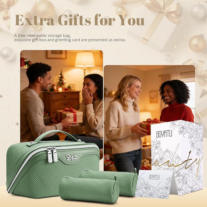 BOYATU Travel Makeup Bags for Women: Vintage Roman Column Texture | Each Journey, Quiet Luxury Serenity - 3 Pcs Set Large Capacity Cosmetic Bag Organizer Toiletry Purse(Green) - Image 7